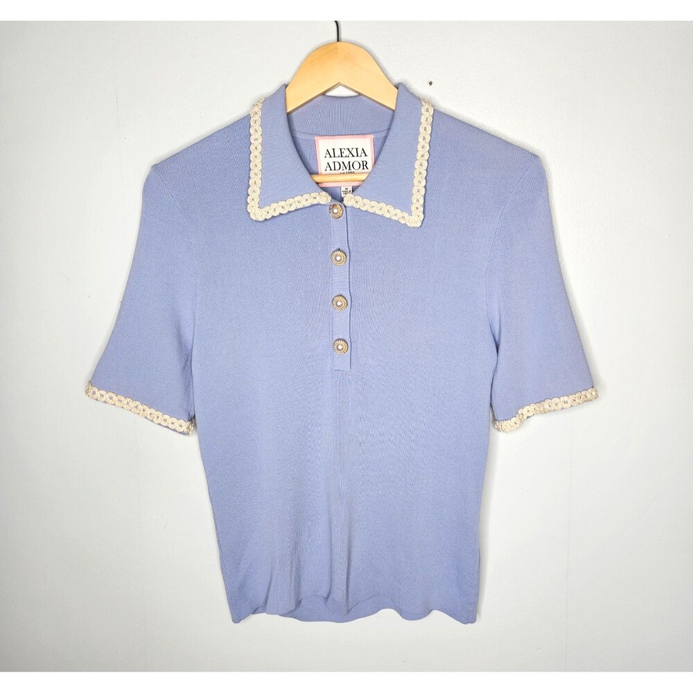 ALEXIA ADMOR Brianna Knit Top Medium Blue Preppy Coquette Lace Trim Country Club